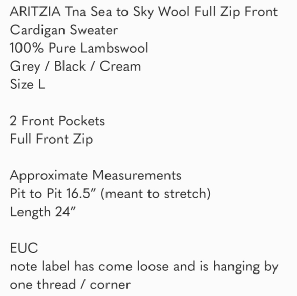 ARITZIA Sea to Sky Wool Zip Cardigan Sweater L - Picture 10 of 10